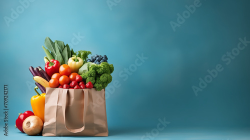 Groceries, vegetables and fruits in paper shopping bag, Food background, Eco lifestyle, 