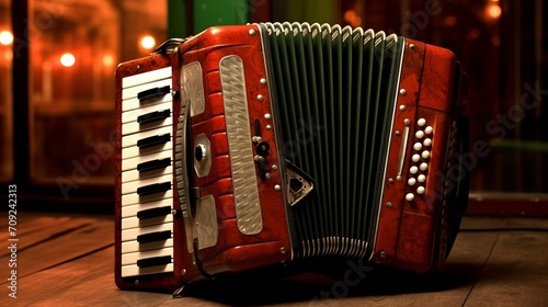 Red accordion with white keys and black bass buttons on a dark red background