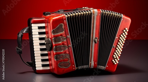 Red accordion with white keys and black bass buttons on a dark red background.