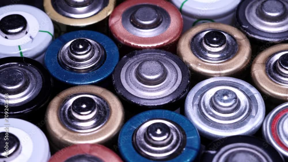 Old used batteries close up side top view. Selective focus. Different types of battery for recycle. Renewable energy. Alkaline power supply.