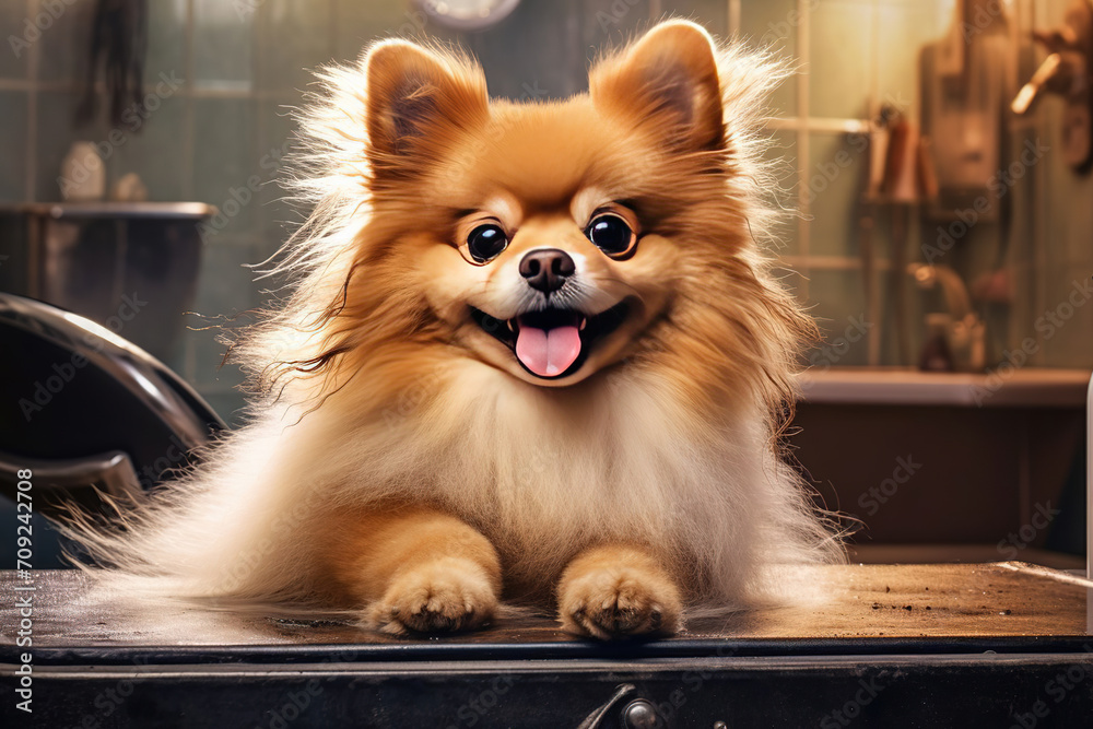 A cute dog after bathing and grooming in the salon. The concept of pet care. grooming salon A cute dog after bathing and grooming in the salon. The concept of pet care. grooming salon