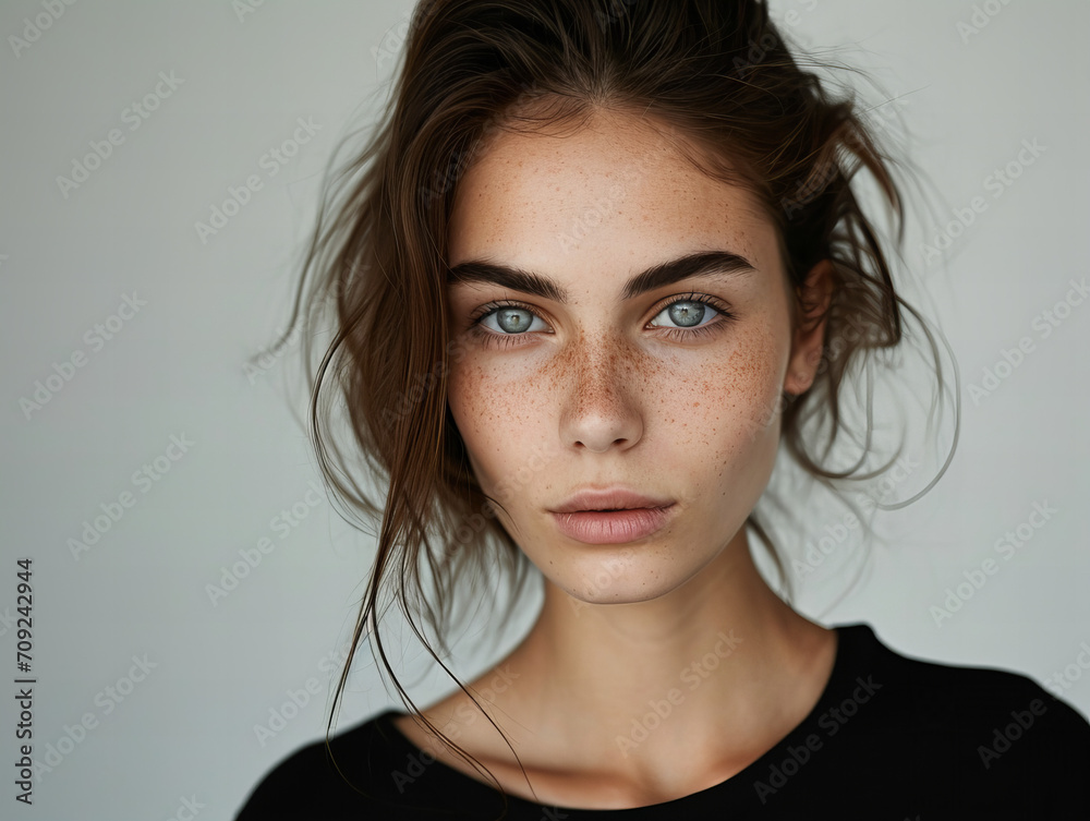 portrait of a sensual, brunette model isolated on grey background portrait of a sensual, brunette model isolated on grey background