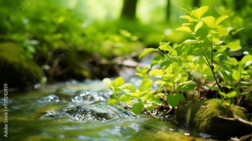 Beautiful spring detailed close up stream of fresh water with young green plants. Horizontal banner  springtime concept