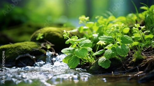 Beautiful spring detailed close up stream of fresh water with young green plants. Horizontal banner  springtime concept