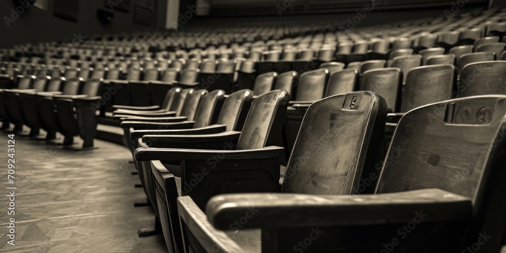 Obraz premium Empty Vintage Wooden Auditorium Seats in Dim Lighting