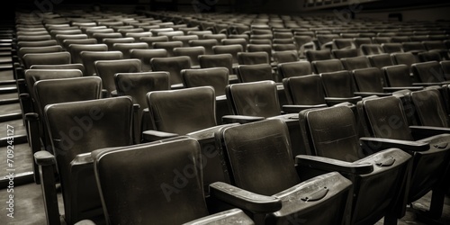 Empty Vintage Wooden Auditorium Seats in Dim Lighting