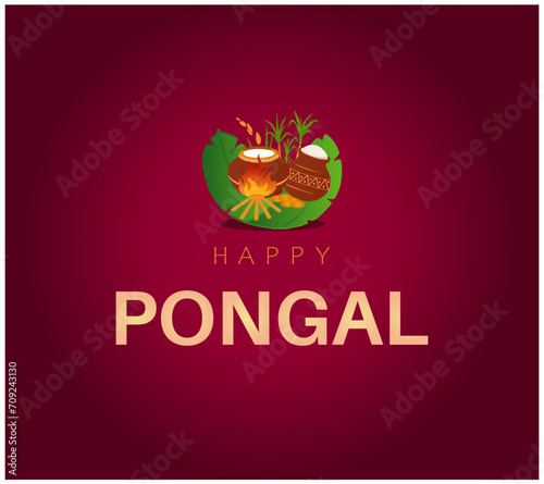South Indian harvesting festival, Happy Pongal celebrations greetings with Pongal elements, banana leaf with Pongal food, traditional food and clay pot, vector illustration design. (Makar Sankranti)