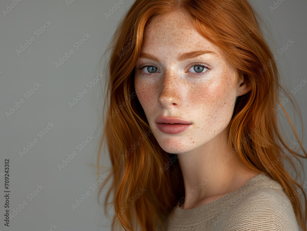 portrait of a red haired woman isolated on grey background portrait of a red haired woman isolated on grey background
