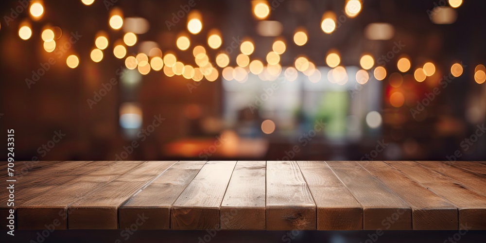 Blurred background of restaurant lights behind wooden table. - obrazy, fototapety, plakaty 