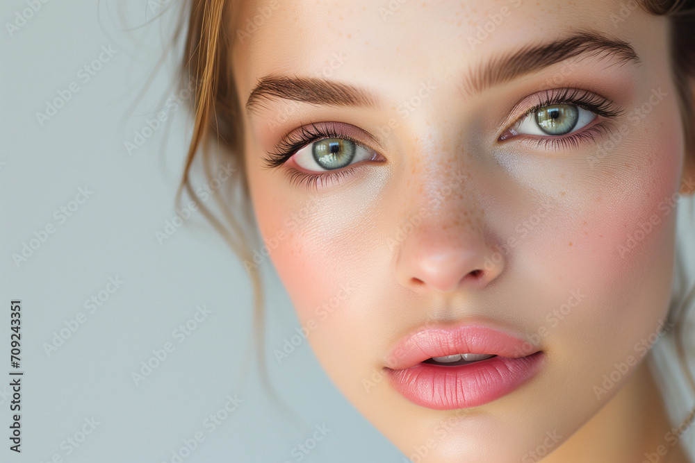 Portrait beautiful young woman with clean fresh skin. Model with healthy skin, close up portrait. Cosmetology, beauty and spa. Portrait of beauty caucasian woman with perfect healthy glow skin facial, Portrait beautiful young woman with clean fresh skin. Model with healthy skin, close up portrait. Cosmetology, beauty and spa. Portrait of beauty caucasian woman with perfect healthy glow skin facial,