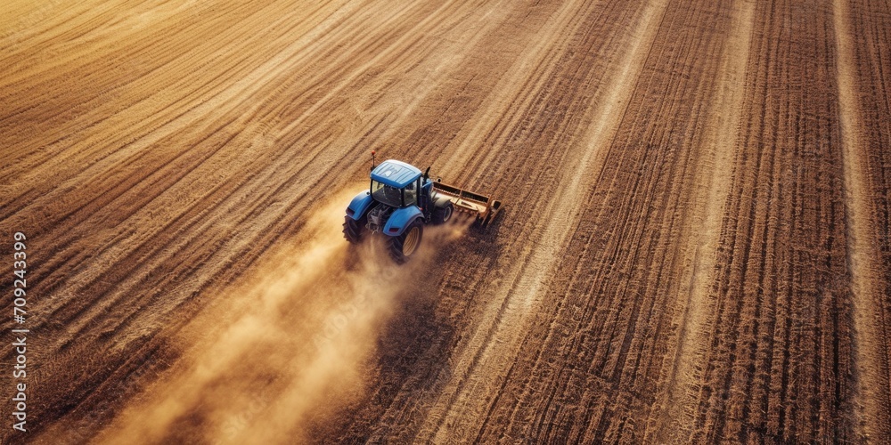 Aerial View of a Tractor Plowing the Fields at Sunset