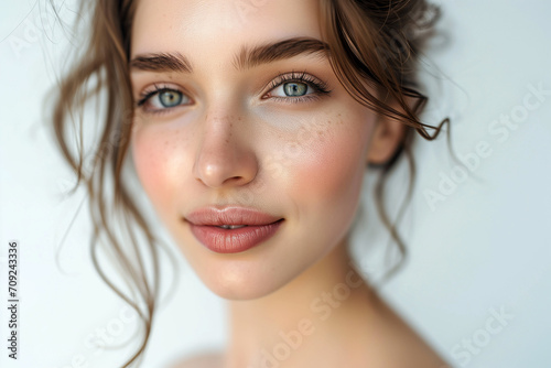 Portrait beautiful young woman with clean fresh skin. Model with healthy skin, close up portrait. Cosmetology, beauty and spa. Portrait of beauty caucasian woman with perfect healthy glow skin facial,