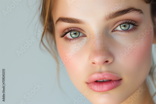 Portrait beautiful young woman with clean fresh skin. Model with healthy skin, close up portrait. Cosmetology, beauty and spa. Portrait of beauty caucasian woman with perfect healthy glow skin facial,