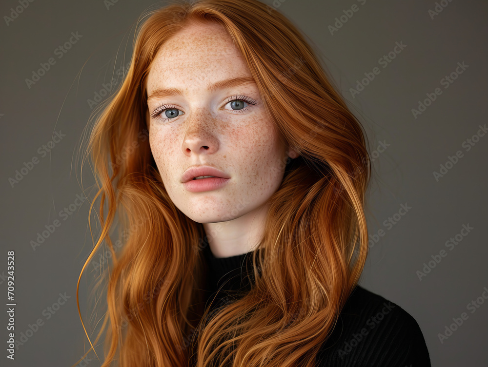 portrait of a red haired woman isolated on grey background portrait of a red haired woman isolated on grey background