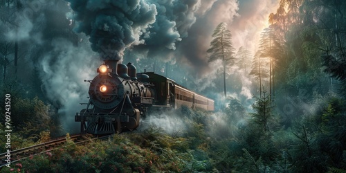 Nostalgic Journey: Vintage Steam Locomotive Emerging from an Autumn Forest © romanets_v