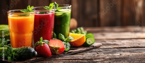 Organic vegetable juice glasses on a wooden table for detox diet.