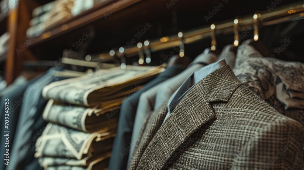 Selective focus on the men's wardrobe in the Old Money Aesthetic style Selective focus on the men's wardrobe in the Old Money Aesthetic style