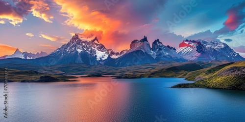 Majestic Peaks at Twilight: Torres del Paine Overlooking Turquoise Lake © romanets_v