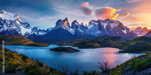 Majestic Peaks at Twilight: Torres del Paine Overlooking Turquoise Lake