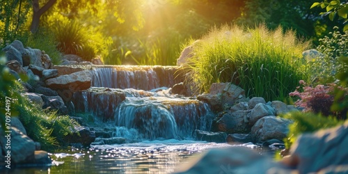 Tranquil Garden Waterfall Amongst Stones