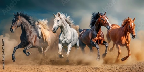 Herd of Horses Running Across Sandy Terrain