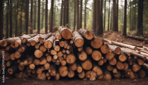 Lumber in the forest  cut wooden logs in the stack. Logging  harvesting wood for fuel and firewood