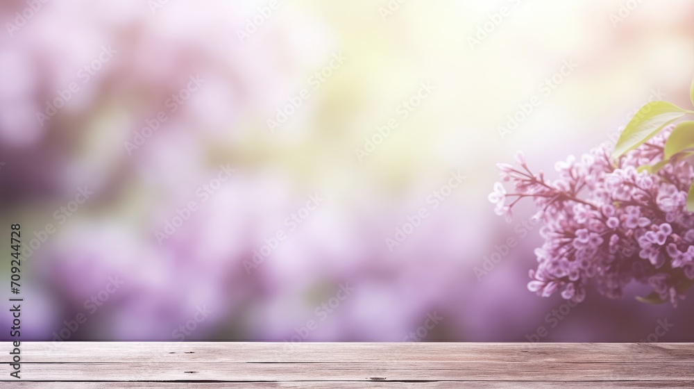 Wooden board empty table background. Abstract blurred lilac spring background Wooden board empty table background. Abstract blurred lilac spring background