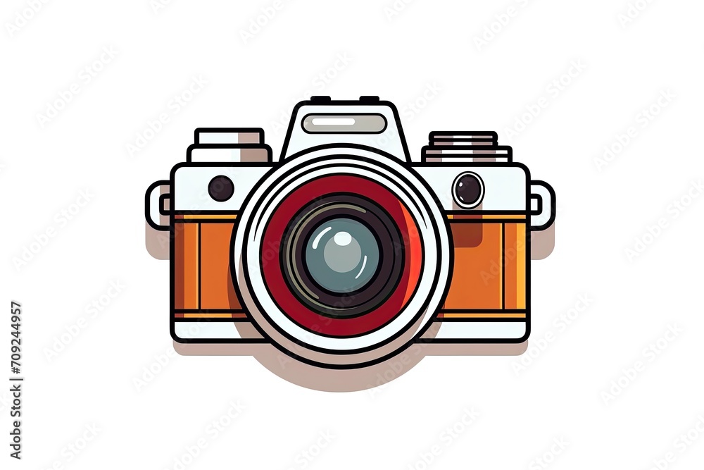 Vintage-style camera illustration with prominent lens.