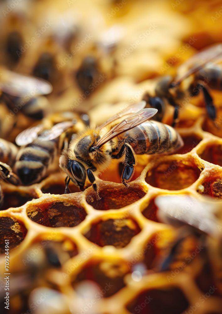 Close up of bees working on honeycomb, natural macro background Close up of bees working on honeycomb, natural macro background