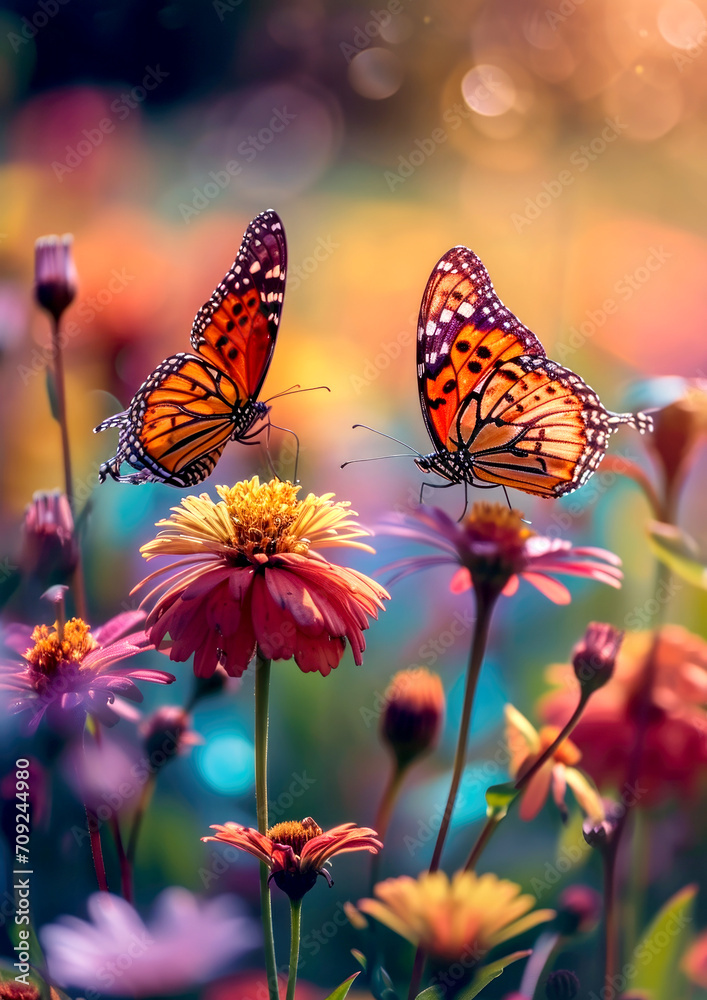 Butterflies with intricate patterns on vibrant flowers, natural background