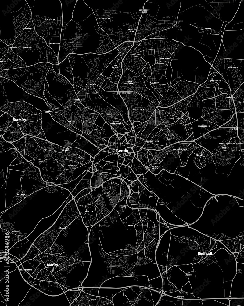 Leeds UK Map, Detailed Dark Map of Leeds UK