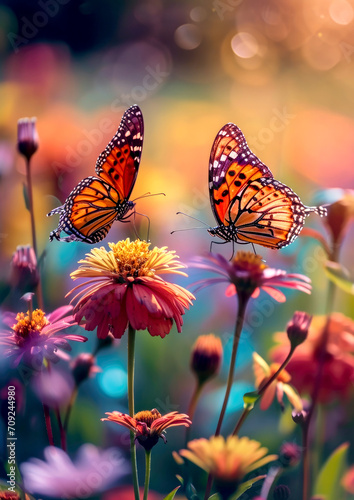 Butterflies with intricate patterns on vibrant flowers  natural background
