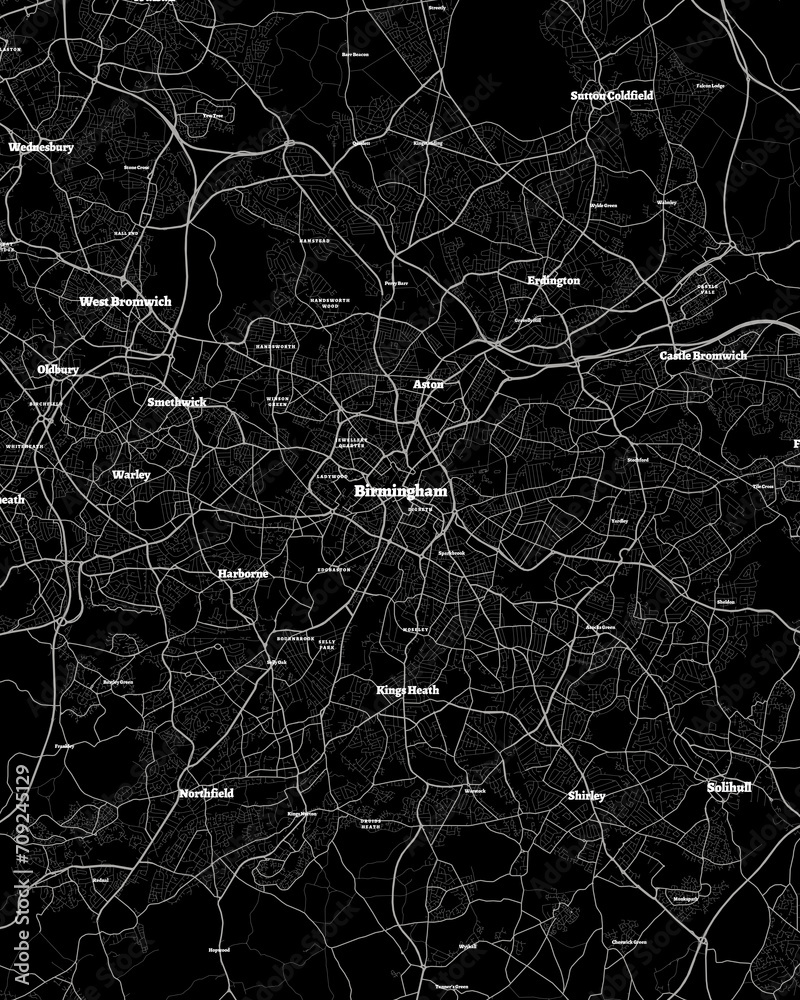 Birmingham UK Map, Detailed Dark Map of Birmingham UK