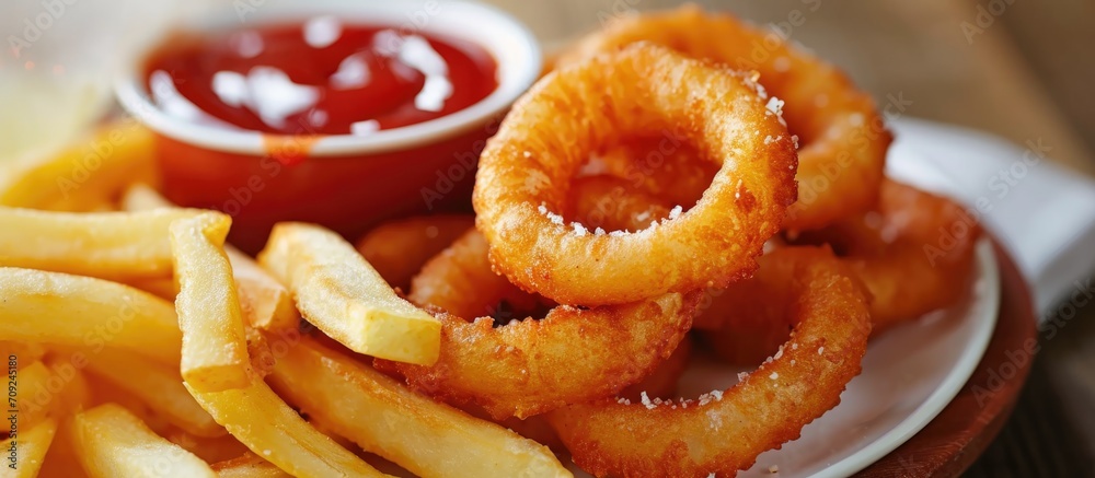Onion rings and French fries on a plate. Onion rings and French fries on a plate.