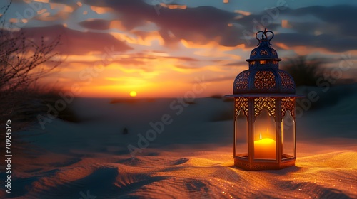 Lantern in the desert with sunset. Ramadan Kareem background