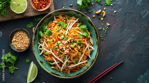 vegetarian pad thai in a bowl, top view with copy space photo