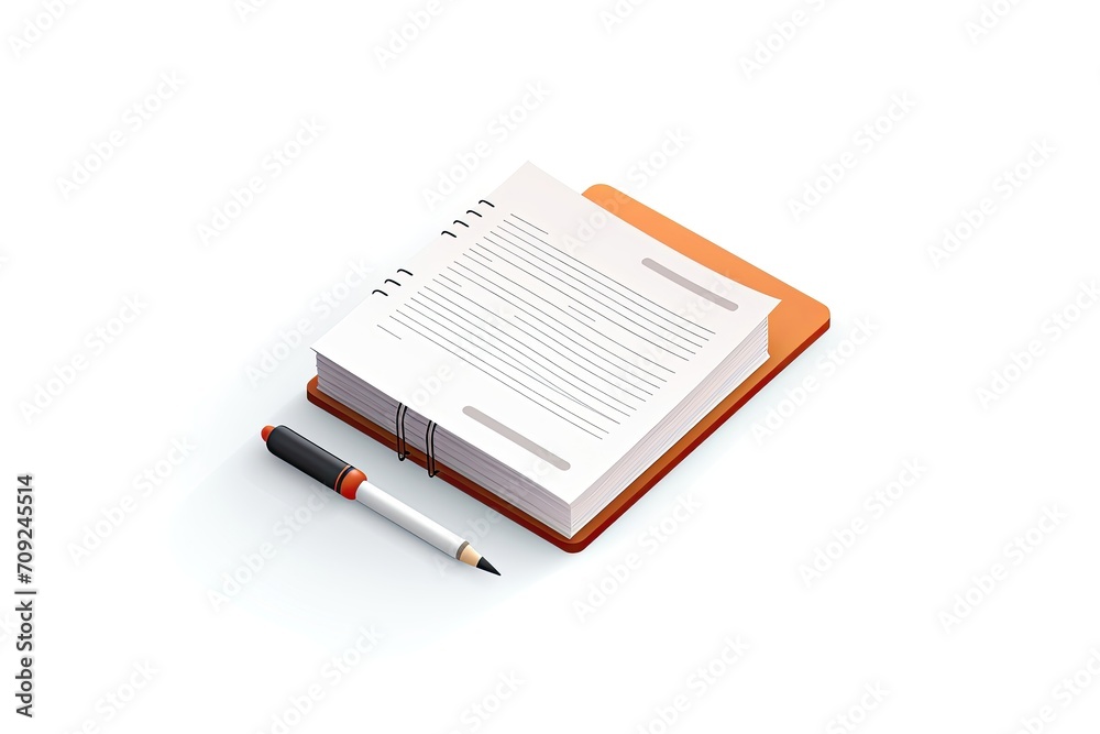 Open notebook with orange cover and pen on white background. Open notebook with orange cover and pen on white background.