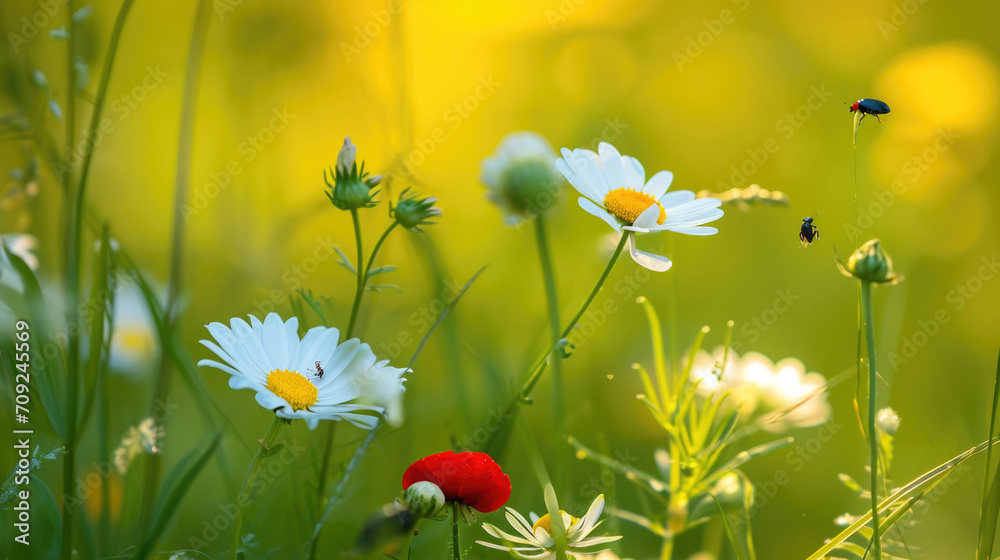 Close up of wildflowers sunlight bokeh effect vibrant meadow natural background