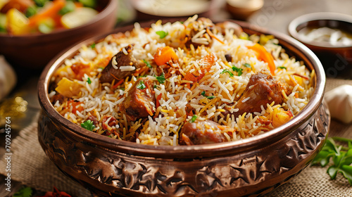 biriyani Indian cuisine dish served in a metal bowl photo