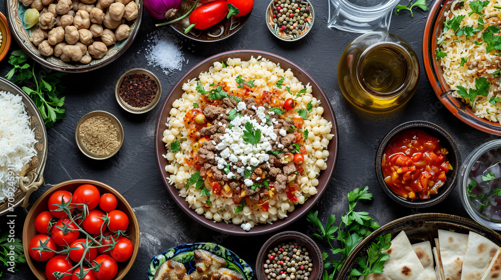 Egyptian vegan street food koshari served in a metal pot, top view Egyptian vegan street food koshari served in a metal pot, top view