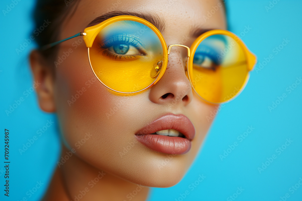 Beautiful young woman with pin-up make-up and hairstyle posing in studio. Fashion studio portrait of pretty young woman with bright sexy make up and glasses Beautiful young woman with pin-up make-up and hairstyle posing in studio. Fashion studio portrait of pretty young woman with bright sexy make up and glasses