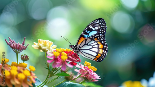Butterflies with intricate patterns on vibrant flowers, natural background © dvoevnore