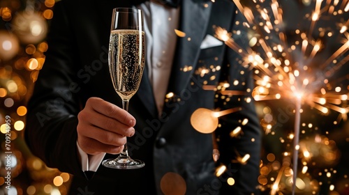 a man in tuxedo holding a champagne glass with fireworks around him, in the style of joyful, 2025 new year celebration, generative ai