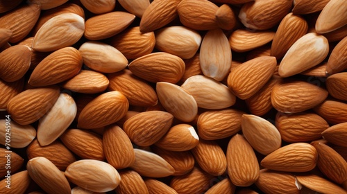 Almond nuts background top view. Almond nuts pattern. Healthy nuts. Template for packaging almond nuts close-up. Generative ai	