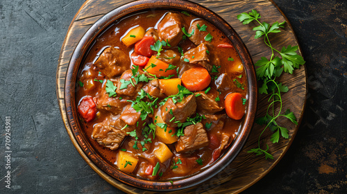 spicy Hungarian goulash with meat and vegetables, top view photo