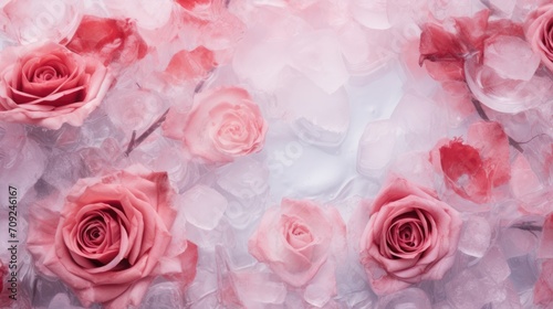 Abstract background of close up of pink and red frozen flowers in ice