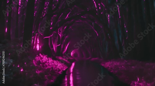 A river flowing through dark neon-lit fantasy forest.