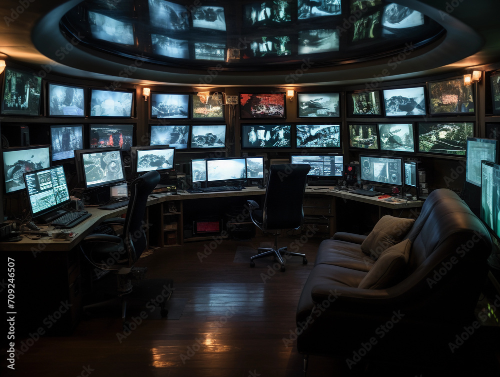 Room with multiple computer monitors and monitors on the wall and on the ceiling 