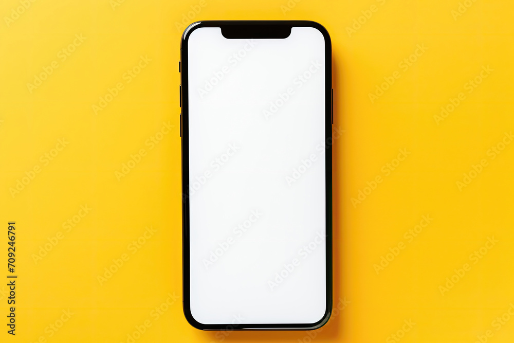 Modern smartphone with a blank screen on a yellow background.
