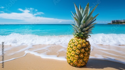 Summer background with pineapple on the seashore. Neural network AI generated art